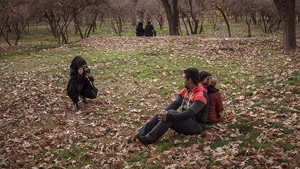 People resting on fallen leaves in a wooded park