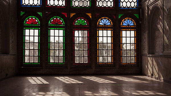 Sunlight passing through colored arched windows