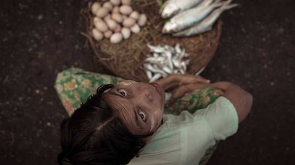 Food and a resting person viewed from above