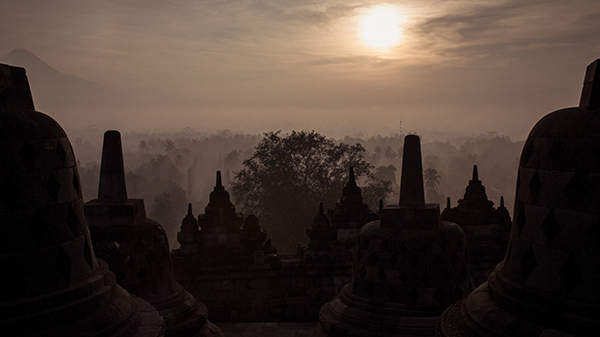 Sunset over a landscape of temple spires